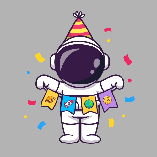 Cosmos Events Symbol mit Illustriertem Cosmonauten der eine Geburtstagsparty feiert
