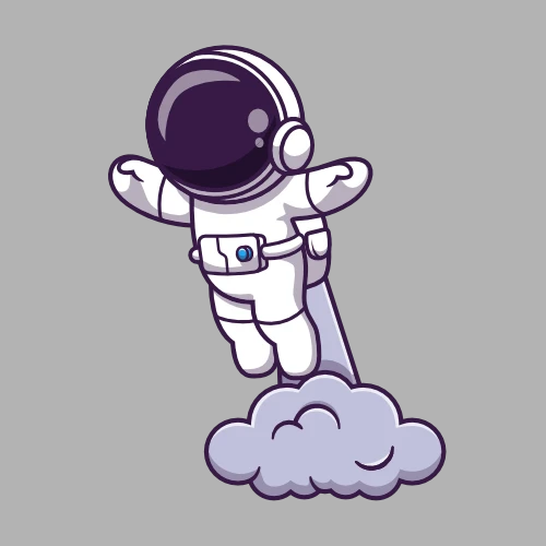 Cosmos Events Symbol mit einem illustriertem Cosmonauten der auf einer Party mit einem Jet Pack abhebt