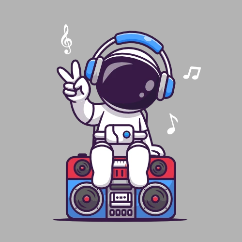 Cosmos Events Symbol mit illustriertem Cosmonauten der auf einer Stereoanlage sitzt